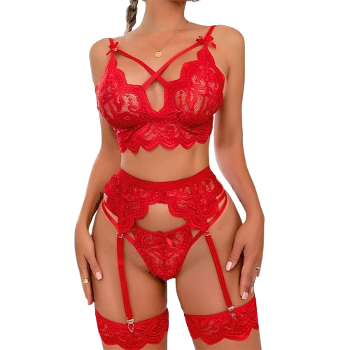 Zmysłowy czerwony komplet koronkowej bielizny z pasem do pończoch