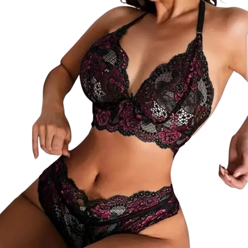 Wygodny Koronkowy Komplet Bielizny w kolorze czarnym i bordowym – Top i Majtki z Finezyjnymi Detalami