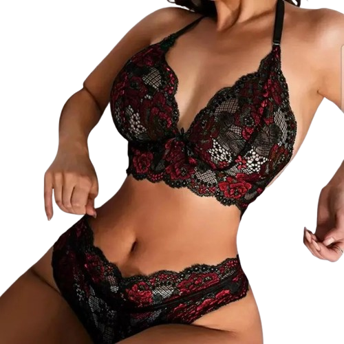Wygodny Koronkowy Komplet Bielizny w kolorze czarnym i czerwonym – Top i Majtki z Finezyjnymi Detalami