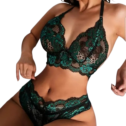 Wygodny Koronkowy Komplet Bielizny w kolorze czarnym i zielonym – Top i Majtki z Finezyjnymi Detalami