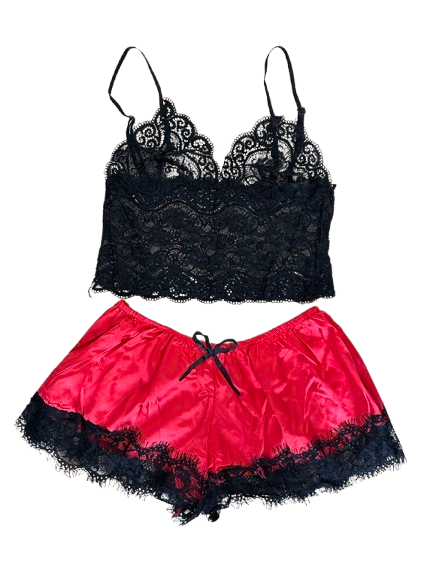 Komplet Bielizny Nocnej Top z Czarnej Koronki Spodenki z Czerwonej Satyny