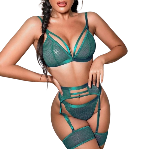 Komplet bielizny z siateczki 4-częściowy zielony z pasem i podwiązkami