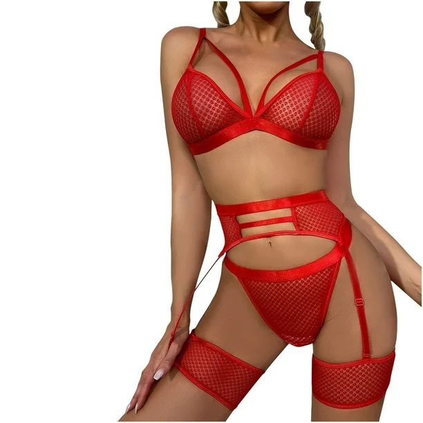 Komplet bielizny z siateczki 4-części czerwony, z pasem i podwiązkami